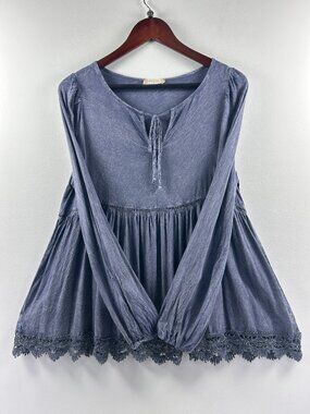 Altar'd State Blue Mineral Wash Lace Trim Boho Top S